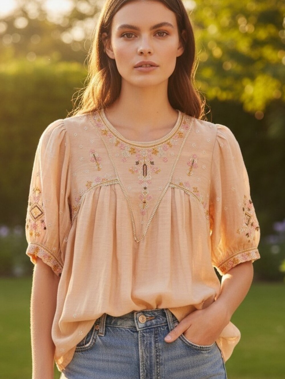 Label RITU KUMAR Embroidered Semi Sheer Puff Sleeve Top Blouse Small